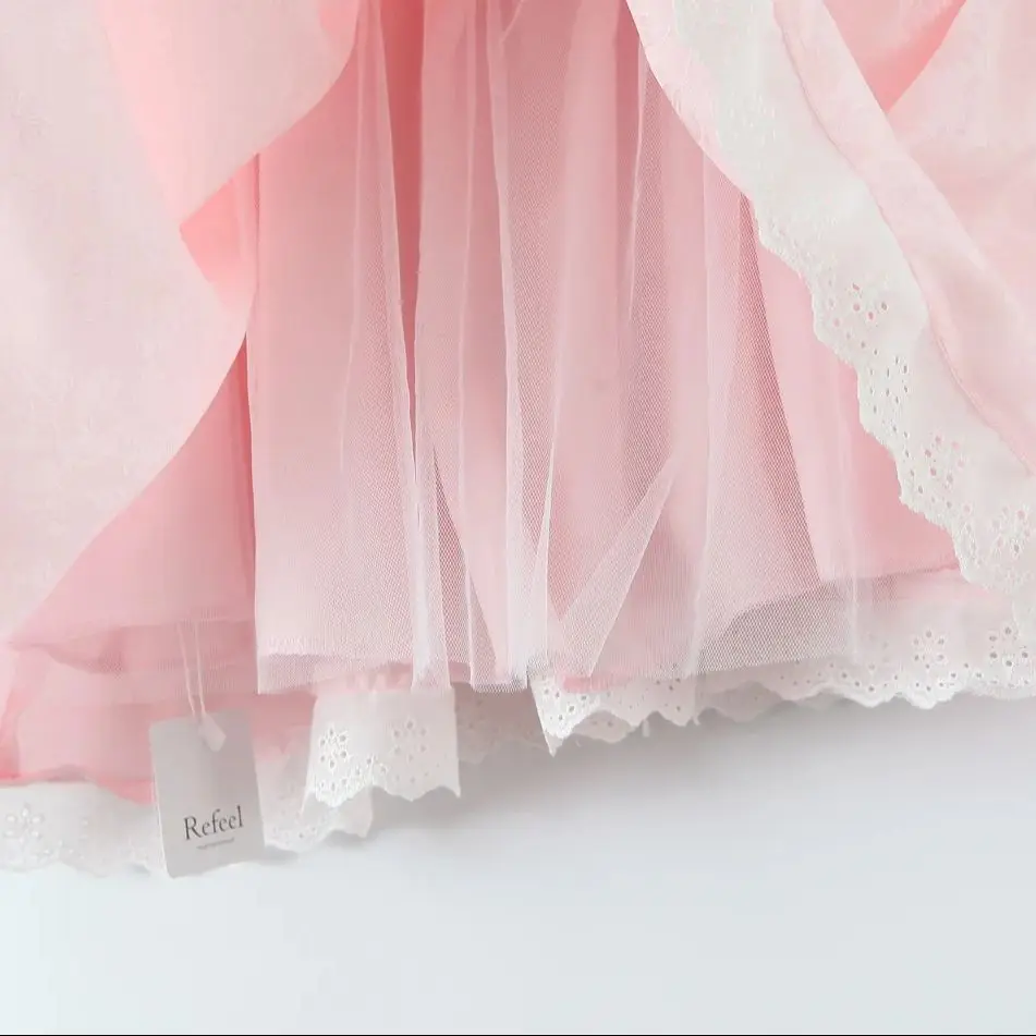 2025 Women Sexy Pink White Jacquard Floral Bow Lacing Up Sling Dress Low Waist Spliced Lace Ball Gown Mini Dresses Party Robe