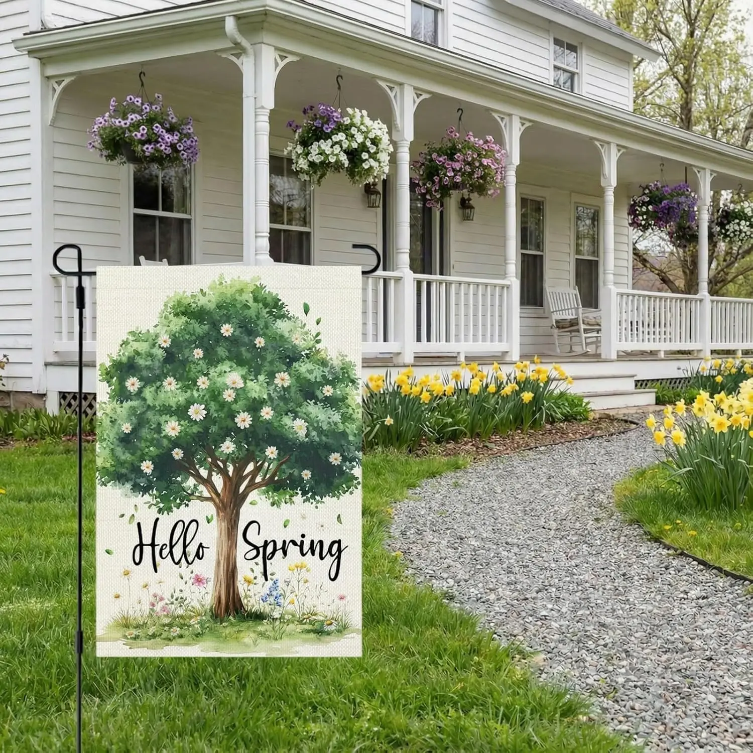 CROWNED BEAUTY Hello Spring Garden Flag Tree 12x18 Inch Double Sided Small Seasonal Floral Holiday Decoration for Outdoor La ZZM