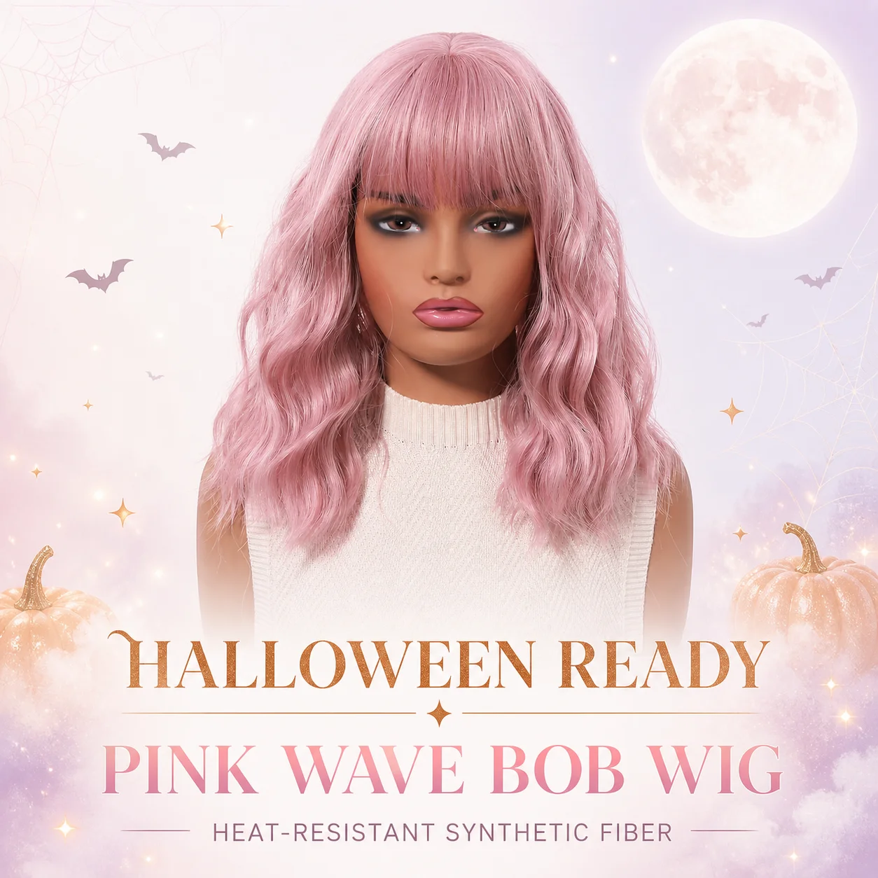 Short Bob Wig with Bangs Pink Wavy Synthetic Hair 14 Inch for Women Halloween Cosplay Party Costume Wig Heat Resistant Fiber