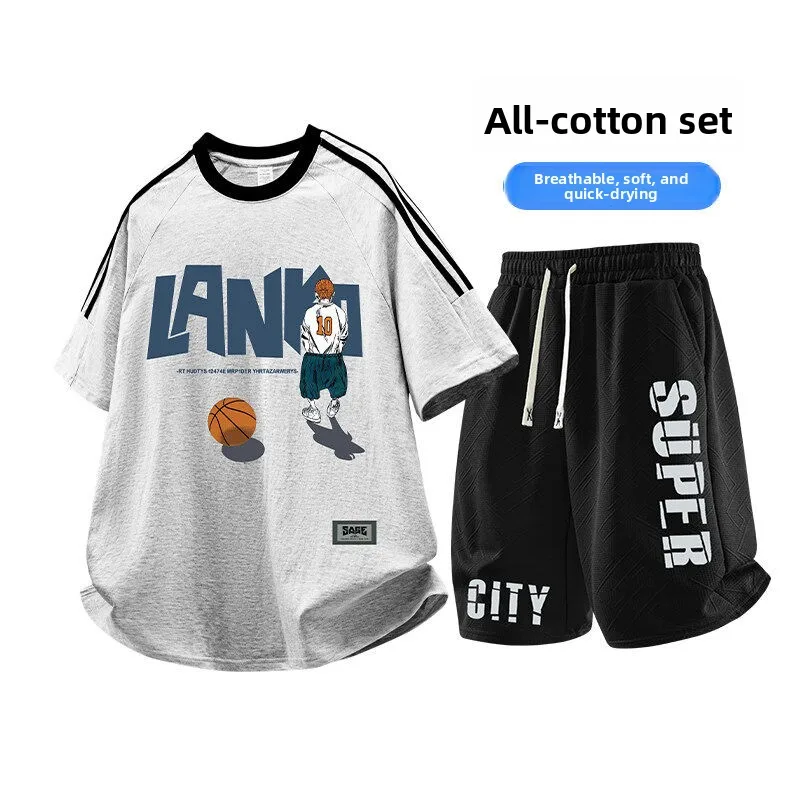 

Youth Cotton Short Sleeve Shorts Men's Casual Sports Wear Summer New Style Student Fashion Set Loose Men's Clothing