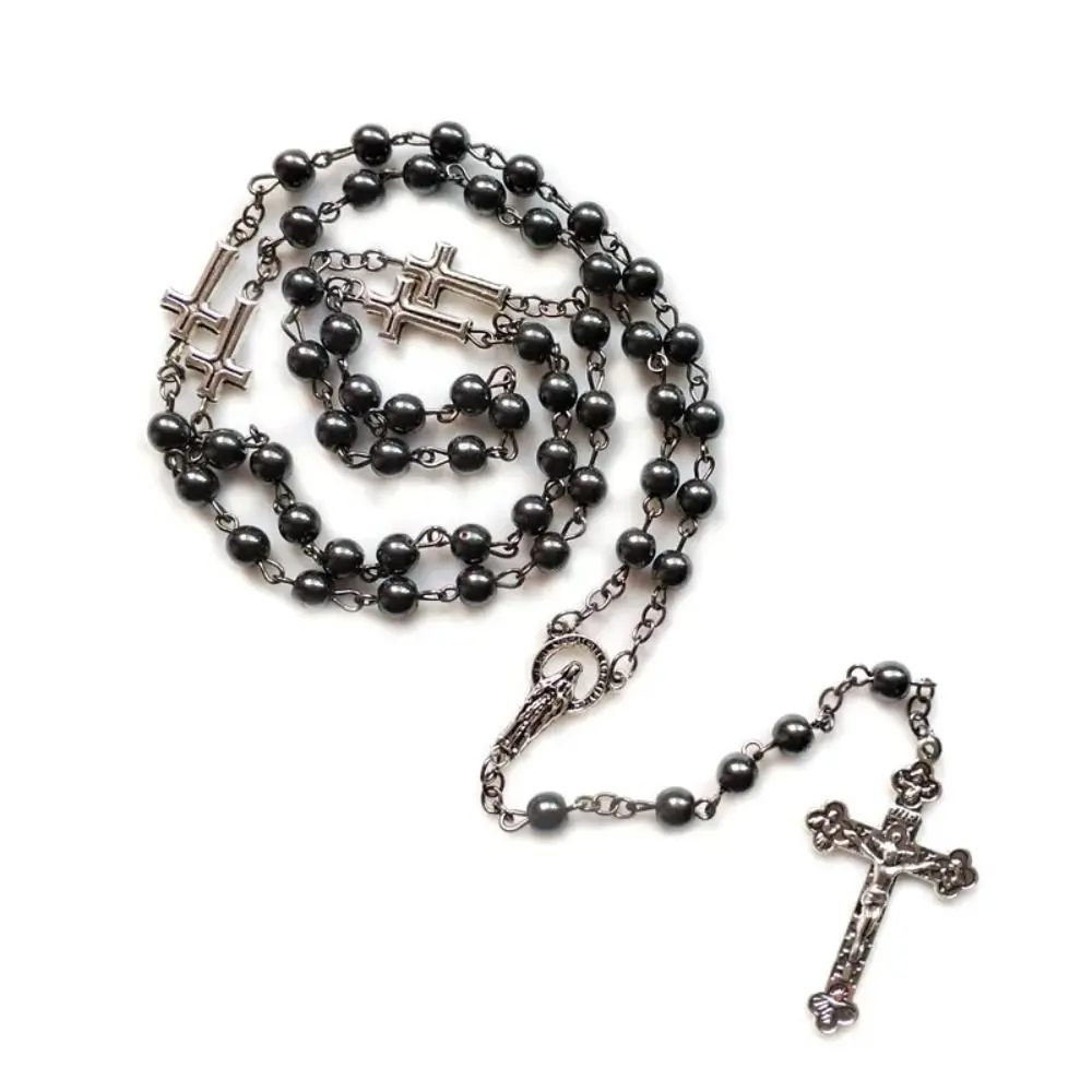 Volcanic Stone Cross Chain Long Vintage Black Gallstone Rosary Necklace Our Lady Blessing Crucifix Pendant Chain Women