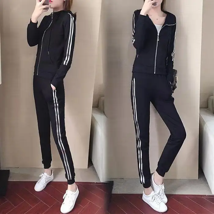 Jesienna nowa koreańska wersja sportowa garnitur moda damska slim fit rozkloszowane spodnie casual bluza z kapturem kurtka trzyczęściowy zestaw