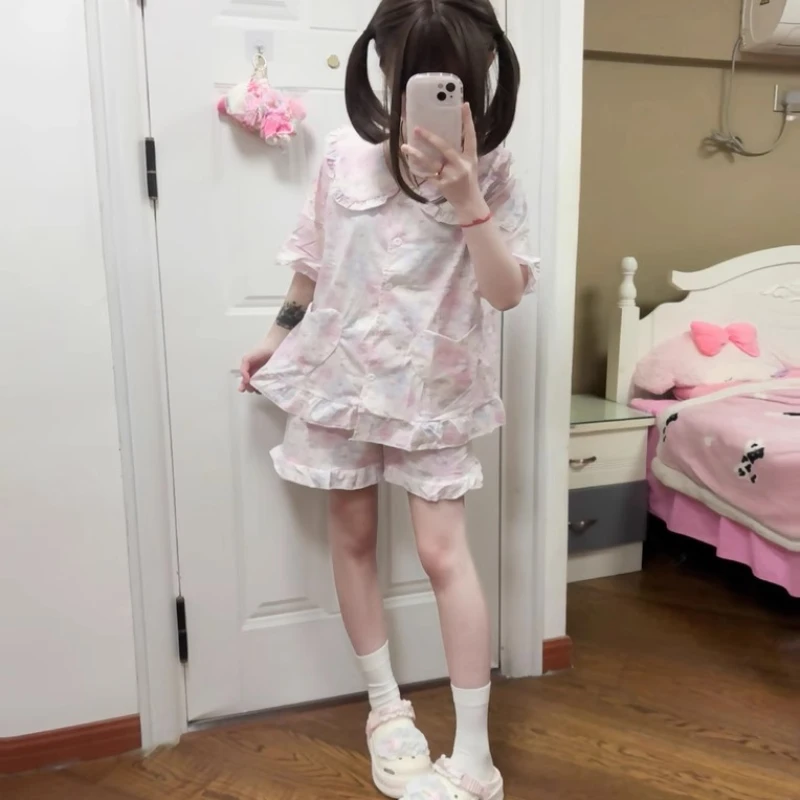 2025 Comfortable Homewear Japanese Ladies Sweet Cute Cartoon Printing Short-sleeved Fungus Pleated Doll Collar Pajamas Female