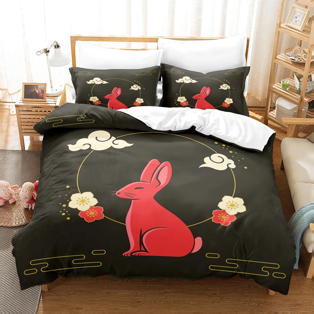 Chinese New Year Rabbit Red Bedding Set 3PCS Duvet Cover Pillowcase Zodiac Bedclothes for Adults Kids