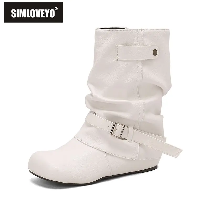 

SIMLOVEYO 2025 Female Mid Calf Boots Round Toe 5cm Heel Buckle Slip On Large Sizes 43 44 45 46 47 48 49 50 Coffee Yellow Green