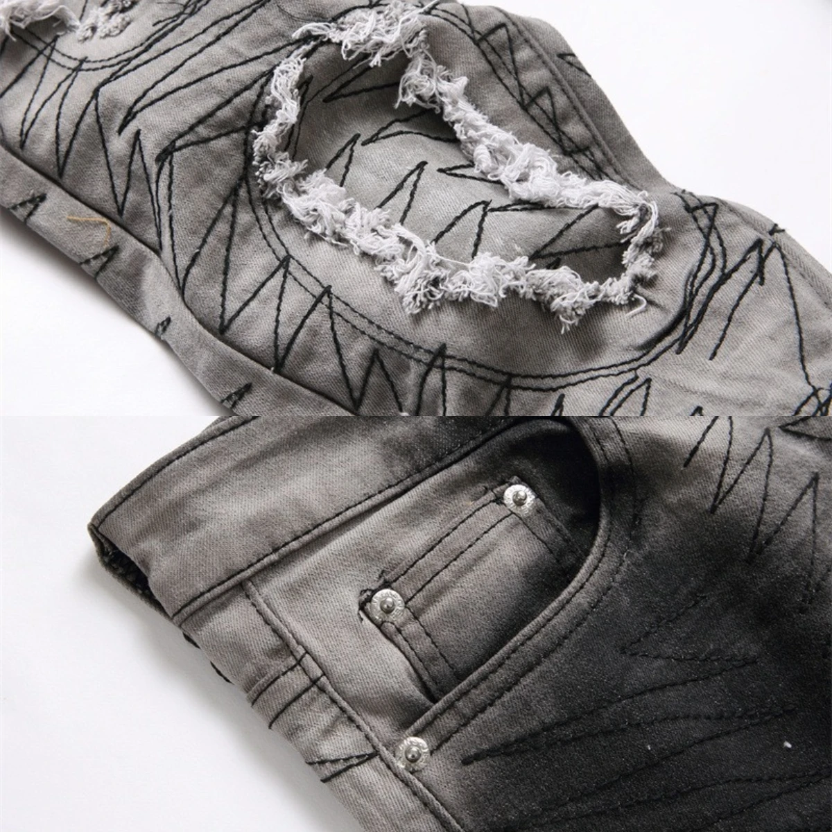 EH·MD® Pocket Drill Line Embroidery Jeans Men's Four Seasons Style Reflective Premium Black High Street Fashion Zipper Slim 2024