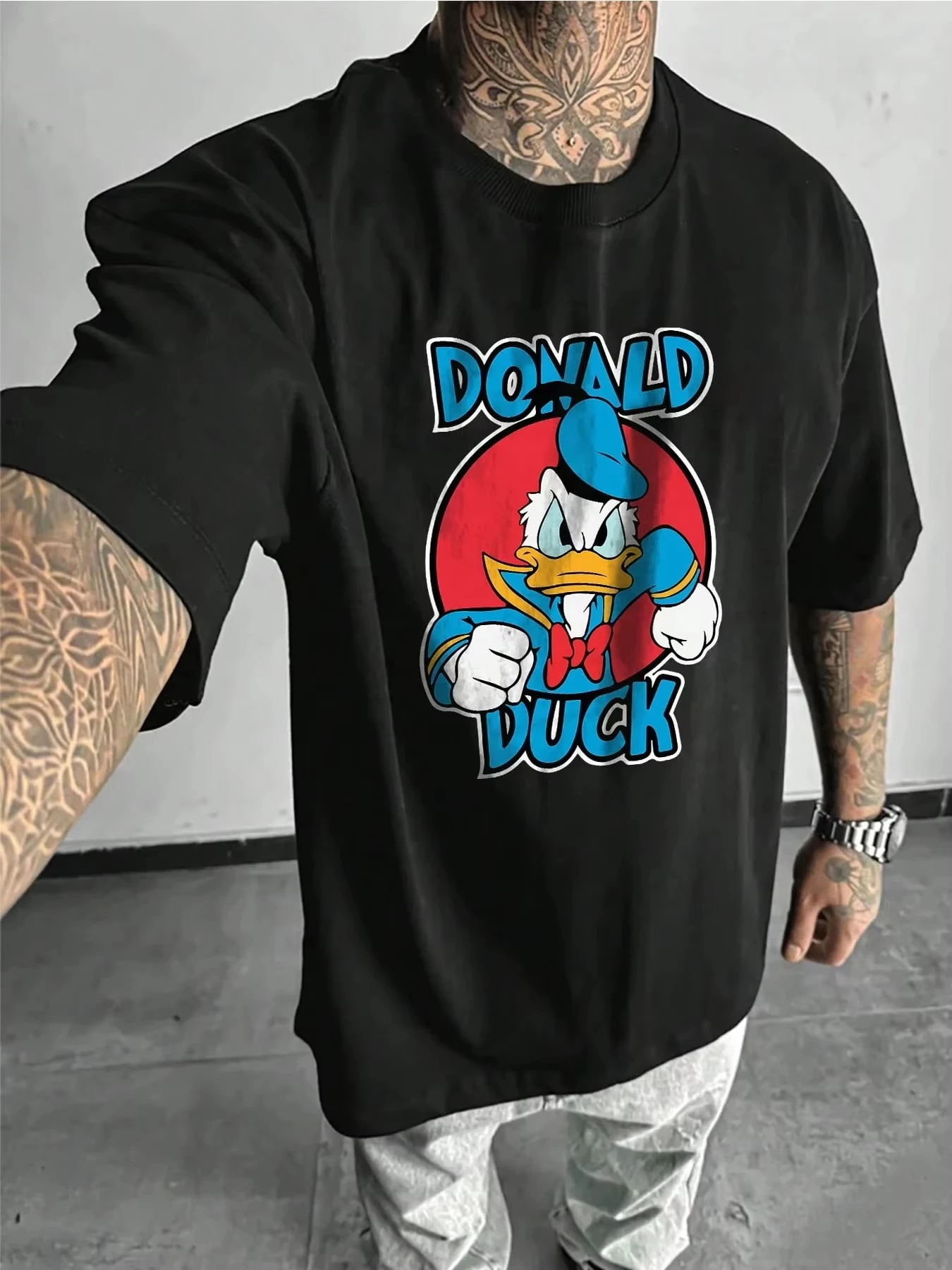 

Мужская футболка с рисунком Дональда Дака Диснея, летняя хлопковая футболка унисекс с забавным принтом и короткими рукавами, повседневные топы, одежда