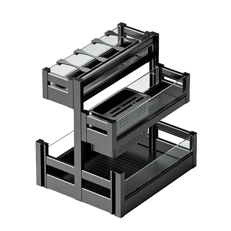 Drawer type multifunctional space aluminum seasoning basket knife holder rack pull-out storage