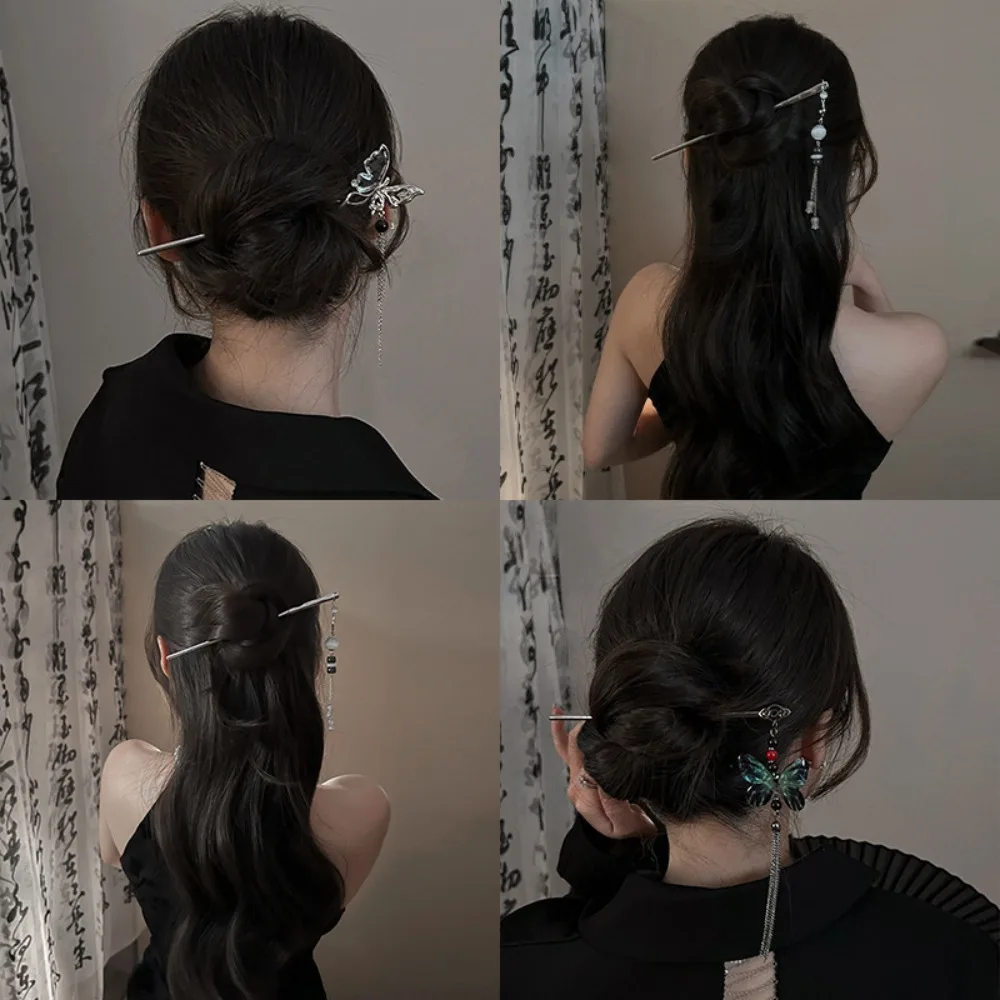 Palillo de pelo con borla de estilo chino, palillos de Metal Hanfu, accesorios duraderos para el cabello Vintage, mariposa y flor, novedad de 2024