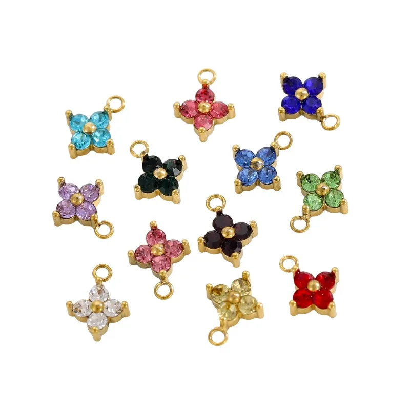 Mini Four Leaf Clover Pendant Stainless Steel Color Crystal Rhinestone Lucky Clover Charm Waterproof Anti Tarnish DIY Jewelry