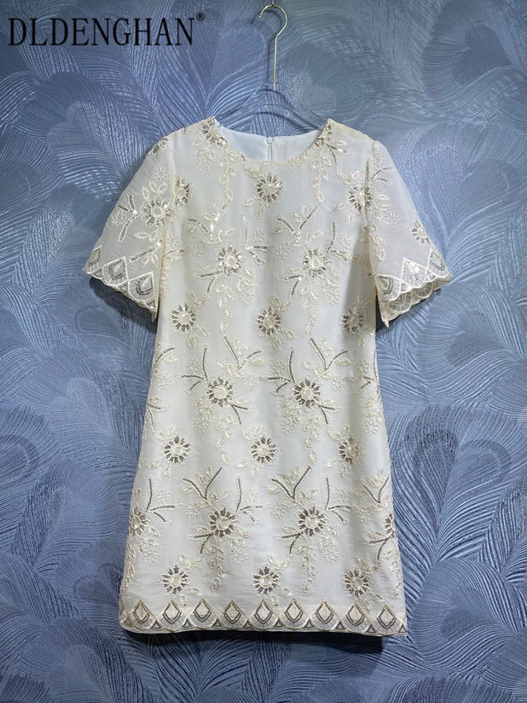 

DLDENGHAN Summer Mini Dress Women's O-Neck Short Sleeve Sequins Embroidery Elegant Party Dresses Fashion Designer New