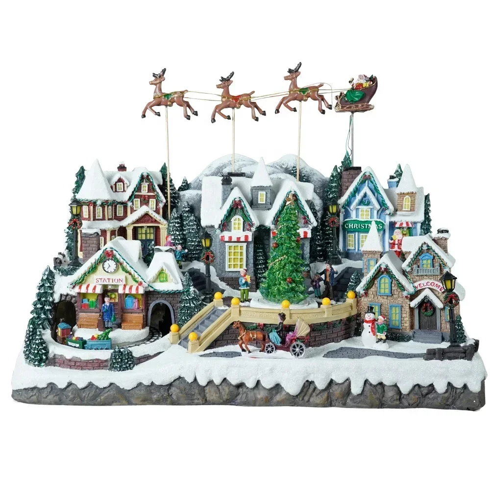 2026 Large Size Musical Polyresin Christmas LED House Flying Santa Sleigh Scene Christmas Village With Rotating Xmas Tree