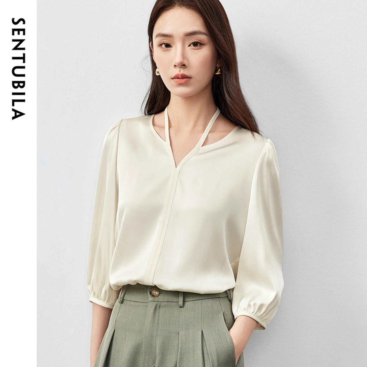 SENTUBILA Satin Women Blouse 2025 Spring Chiffon Commute Lace Up V Neck Hollow Three Quarter Puff Sleeve Shirts 151V58360