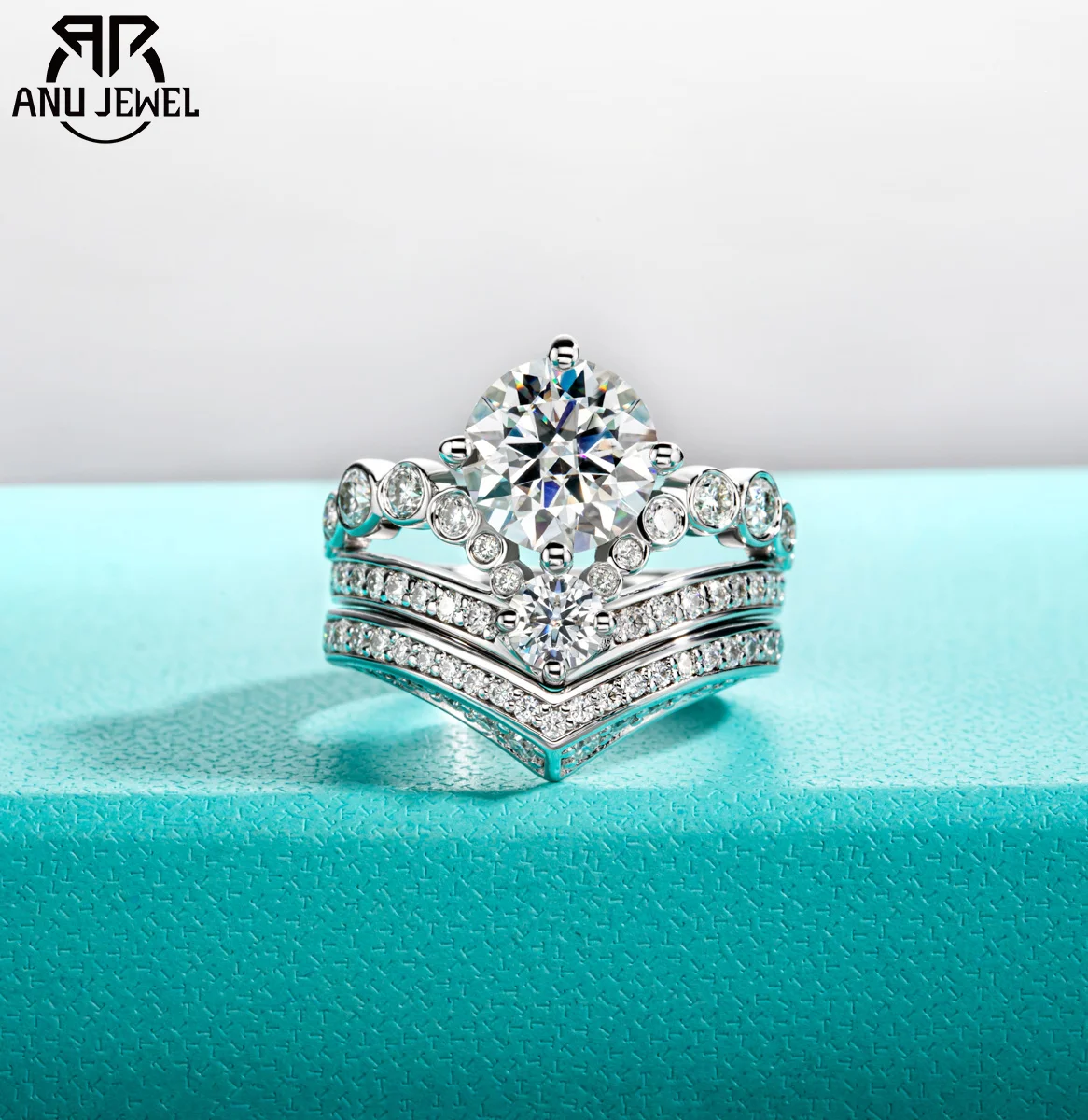 

AnuJewel 3ct Moissanite Engagement Ring 925 Sterling Silver Gold Plated D Color V Shape Crown Wedding Ring for Women