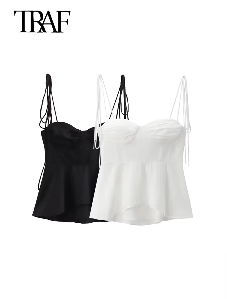 TRAF-Asymmetric Bustier Tops for Women, Sweetheart Neck, Tied Thin Straps, Side Zipper, Female Camis, Sexy Fashion