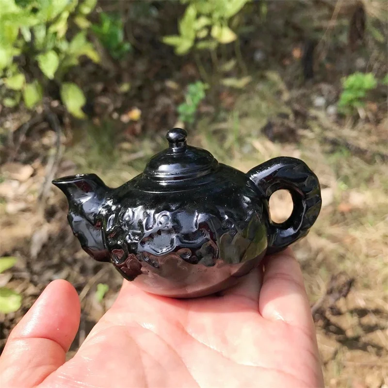 Natural Black Obsidian Teapot With Magic Lamp Carving Crafts Healing Energy Stone Fengshui Birthday Gift 1PCS 9.5cm