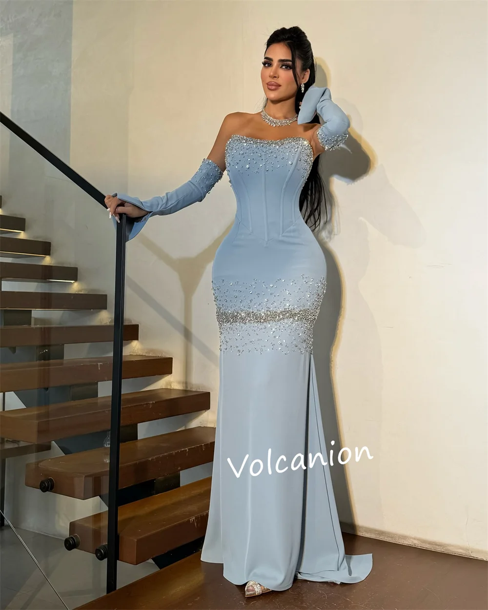 Abiti lunghi a trapezio con scollo a cuore con perline in jersey personalizzato Occasioni su misura Serata formale classica scintillante