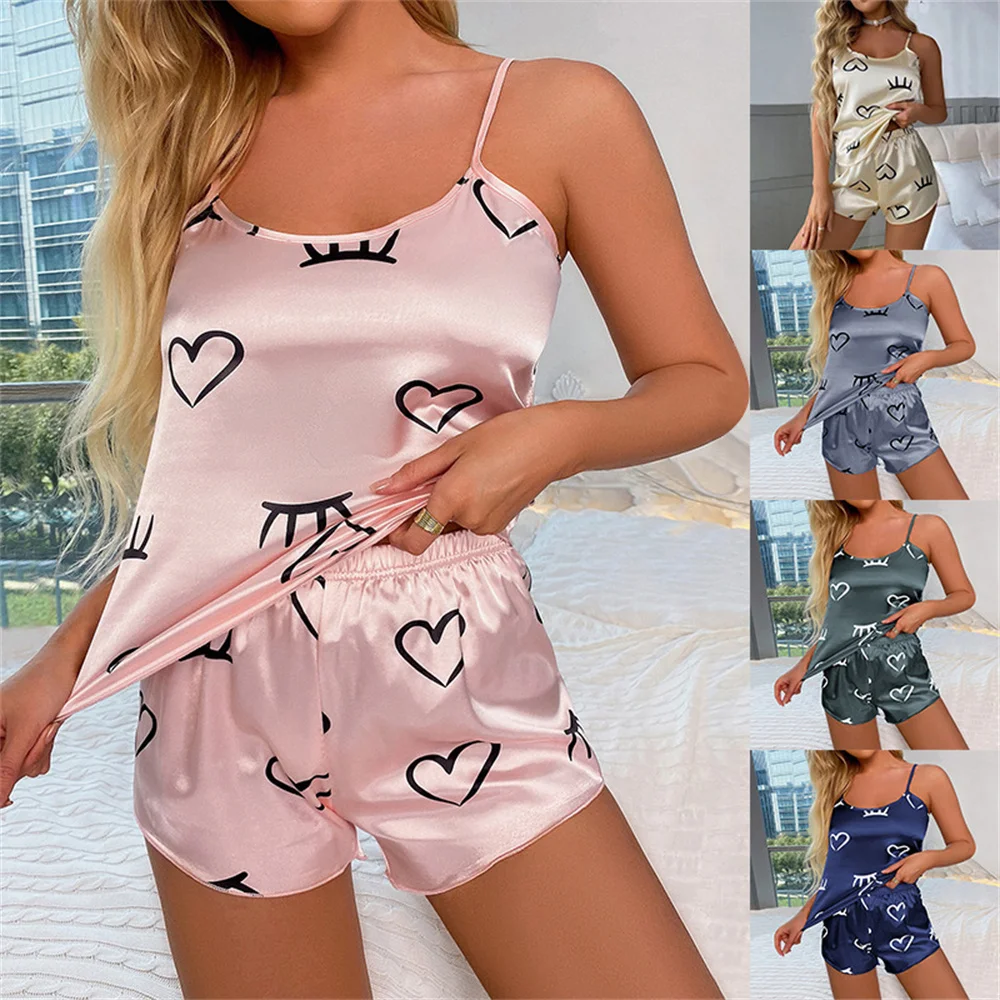 Sexy Heart Print Pajama Set Women\'s 2 Pieces Sleepwear Pyjamas Silk Satin Cami Top And Shorts Pajamas Summer Pajamas Set