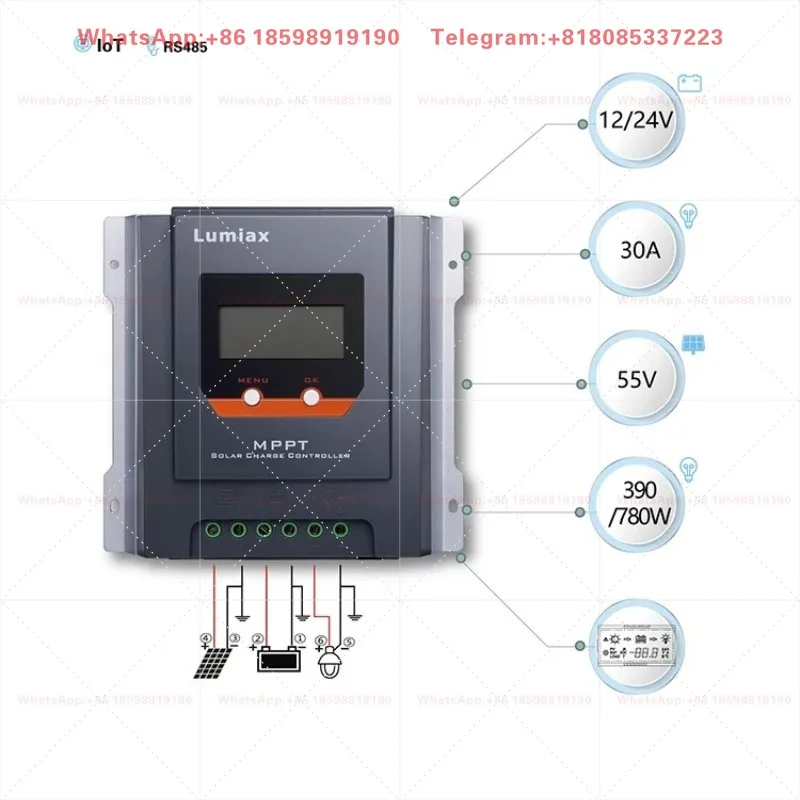 Lumiax 12V 24V 30A Good Price bluetooth RS485 Panel Battery Power MPPT Solar Charger Controllers