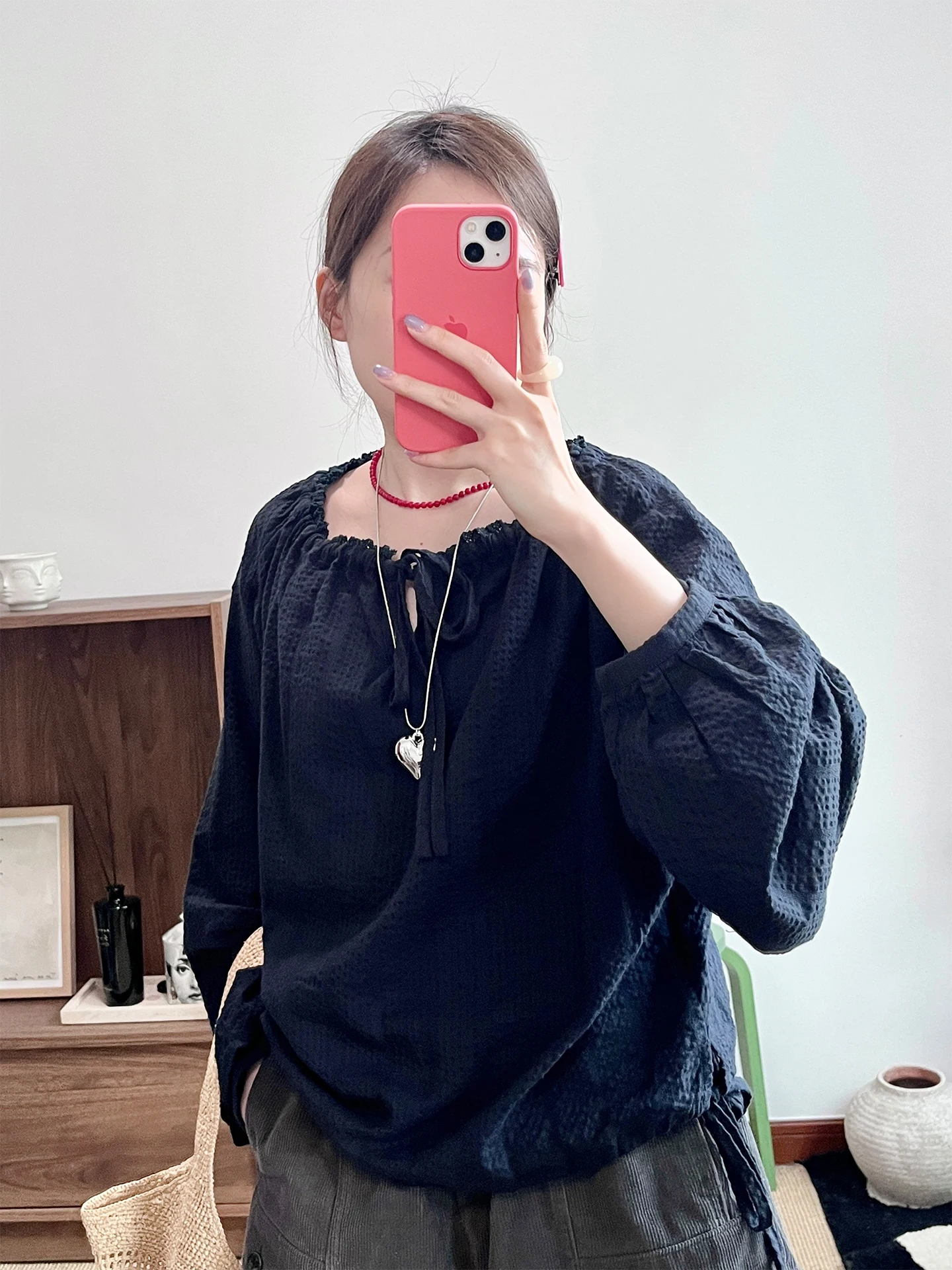 Camisa con nudo texturizado Wini, camiseta informal holgada con cuello redondo, camisa de manga larga de algodón para primavera y verano para mujer, estilo sencillo