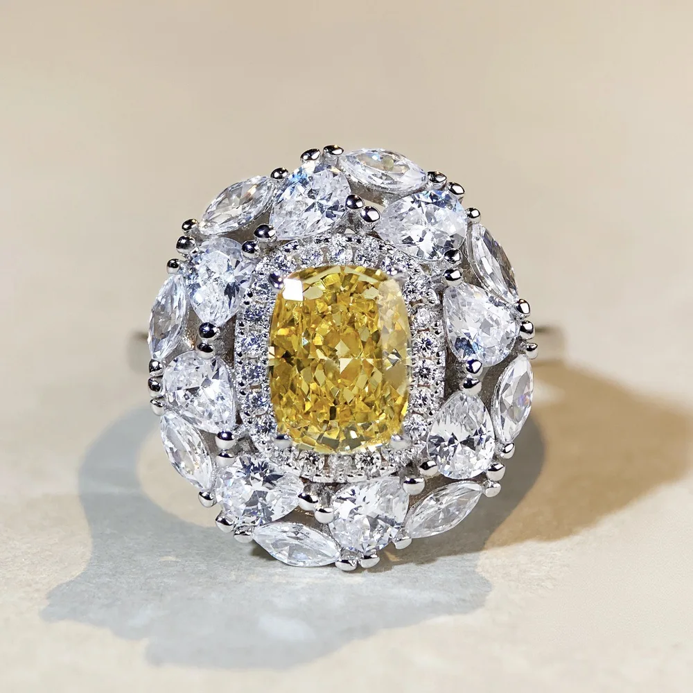 Luxury white gold solid platinum PT950 ring yellow diamond radiant cut high carbon diamond cross-border  full of diamonds