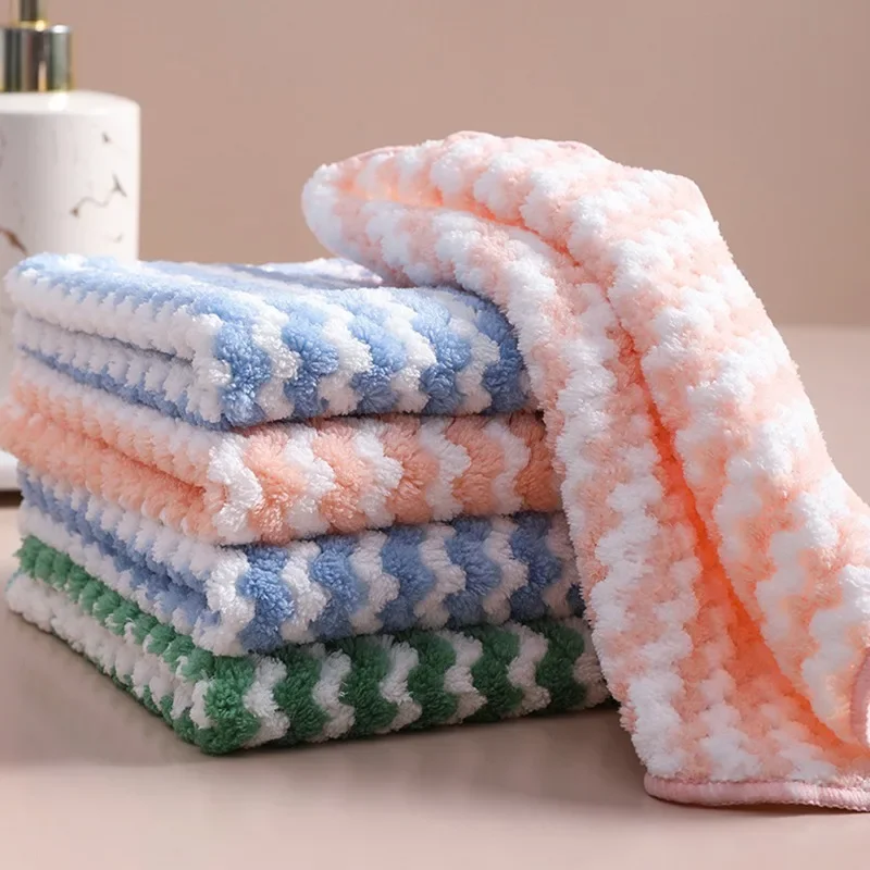 Coral Fleece Hangable Thicken Towel Bow Towel Cute Stripe Absorbent Hand Towels Cleaning Cloth 1pc Rag Handkerchief 30/25cm