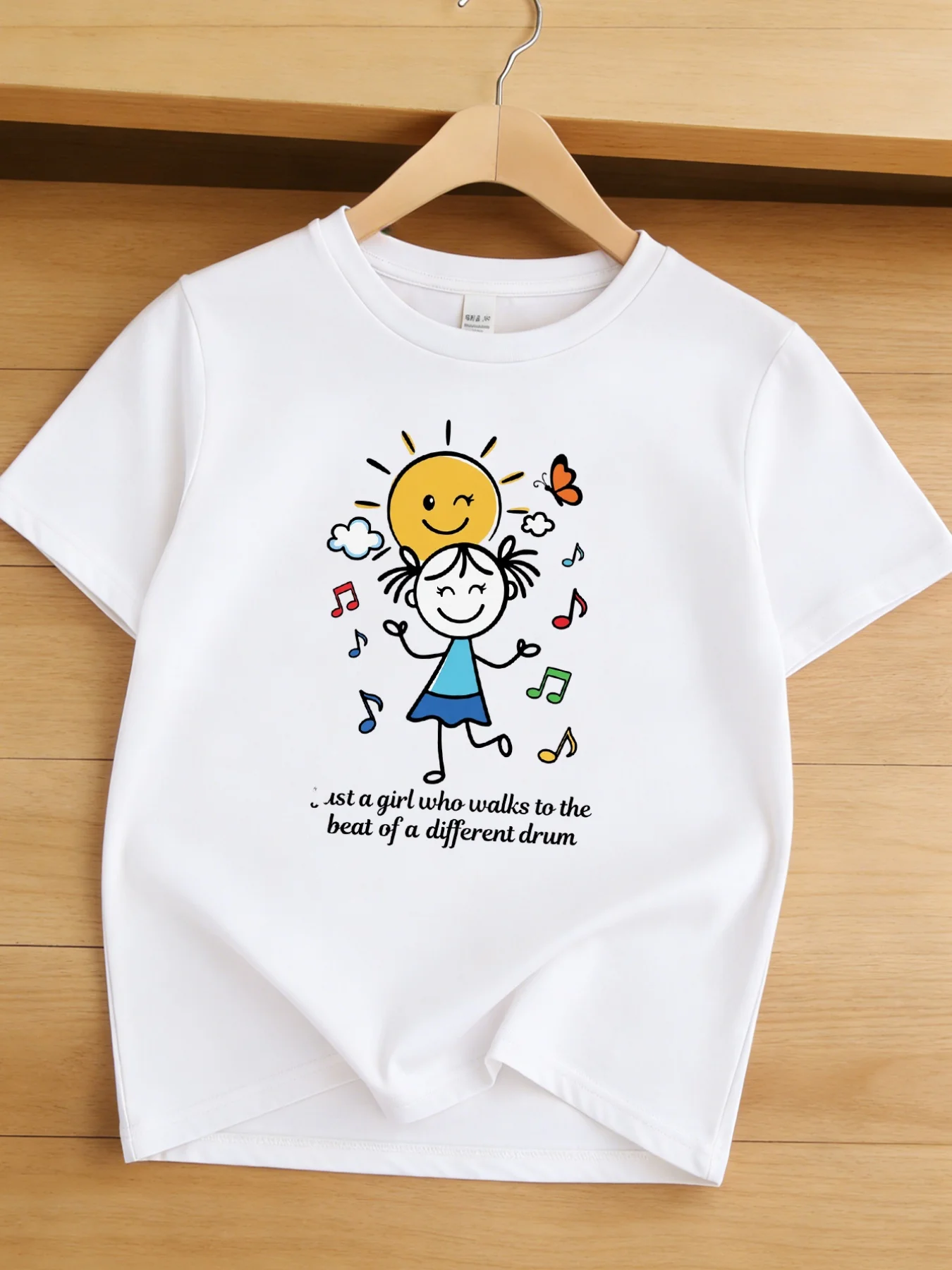 Kids Different Drum Beat Stick Girl Sun Music Graphic Tee Boys Girls Family Matching Short Sleeve Inspirational Everyday T Shirt