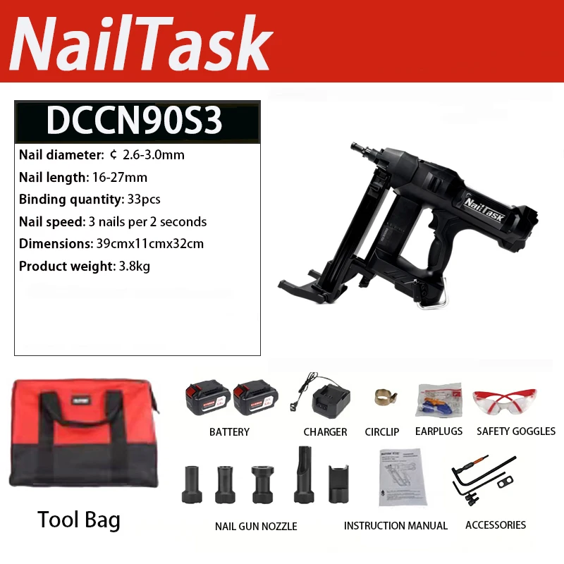 

Nailtask-DCCN90S3 Gas-Powered Nail Gun for MEP, Framing & Concrete | Lithium-Powered Steel Nailer with 2 Batteries