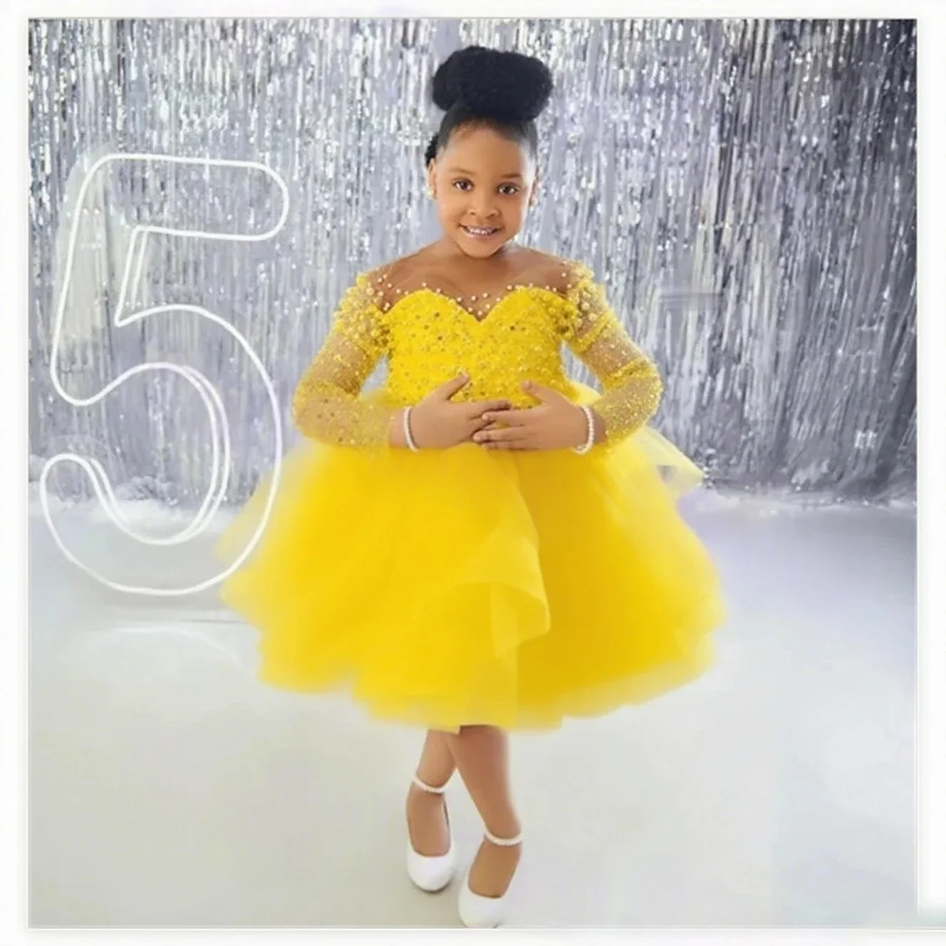 Flower Girl Dress Wedding Dress First Christmas Dress Party Dress Yellow Tulle Long Sleeve Beaded Princess Kids Formal Dress