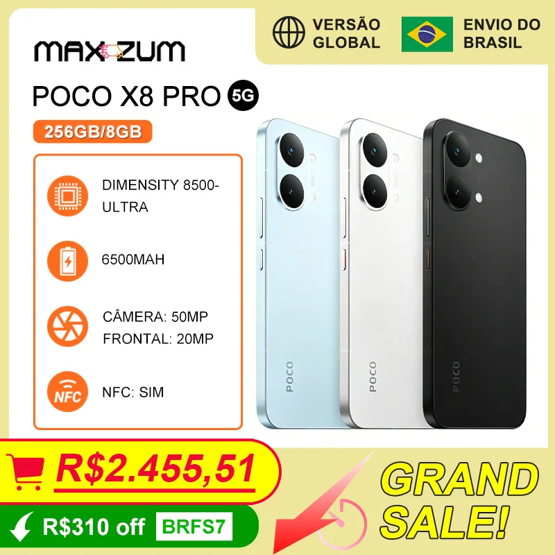 Poco X8 PRO 5G, 256/8GB, Smartphones e Celulares MediaTek Dimensity 8500-Ultra, Bateria 6500mAh, Versão Global, Câmera 50MP