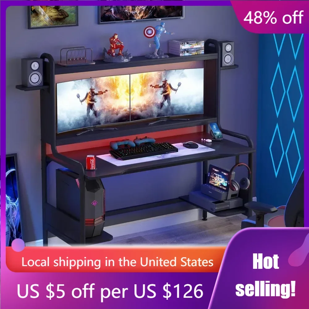 

55 Inch Gaming Desk with Monitor Stand, with Hutch and Storage Shelves, Workstation Table with Cup Holder, Headphone Hook, Black