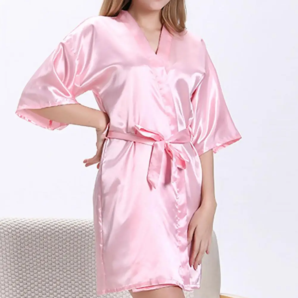 

Women Robe Half Sleeve Belt Faux Silk Sleepwear Sexy Thin V Neck Nightgown Clothes