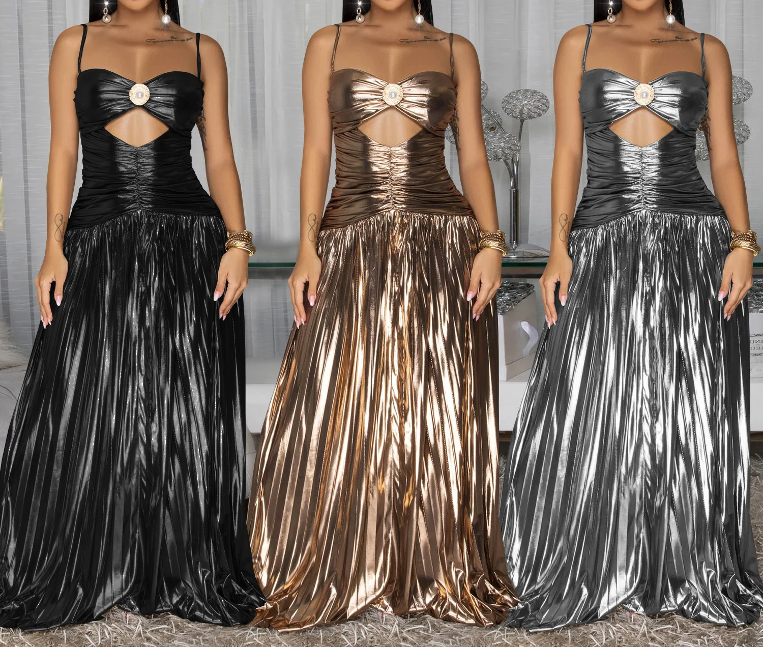 2025 Summer Women Elegant Party Dress Flash Spaghetti Strap Club Long Dress Sexy Sequins Cocktail Prom Evening Dresses HXY241
