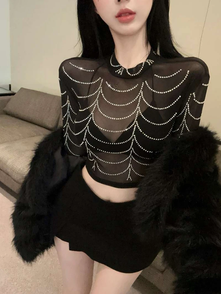 Sexy Shiny Diamonds See-through Y2k Cropped Tops Long Sleeve Mesh Slim T-shirt Women Clothing Design Streetwear Tees Aesthetic