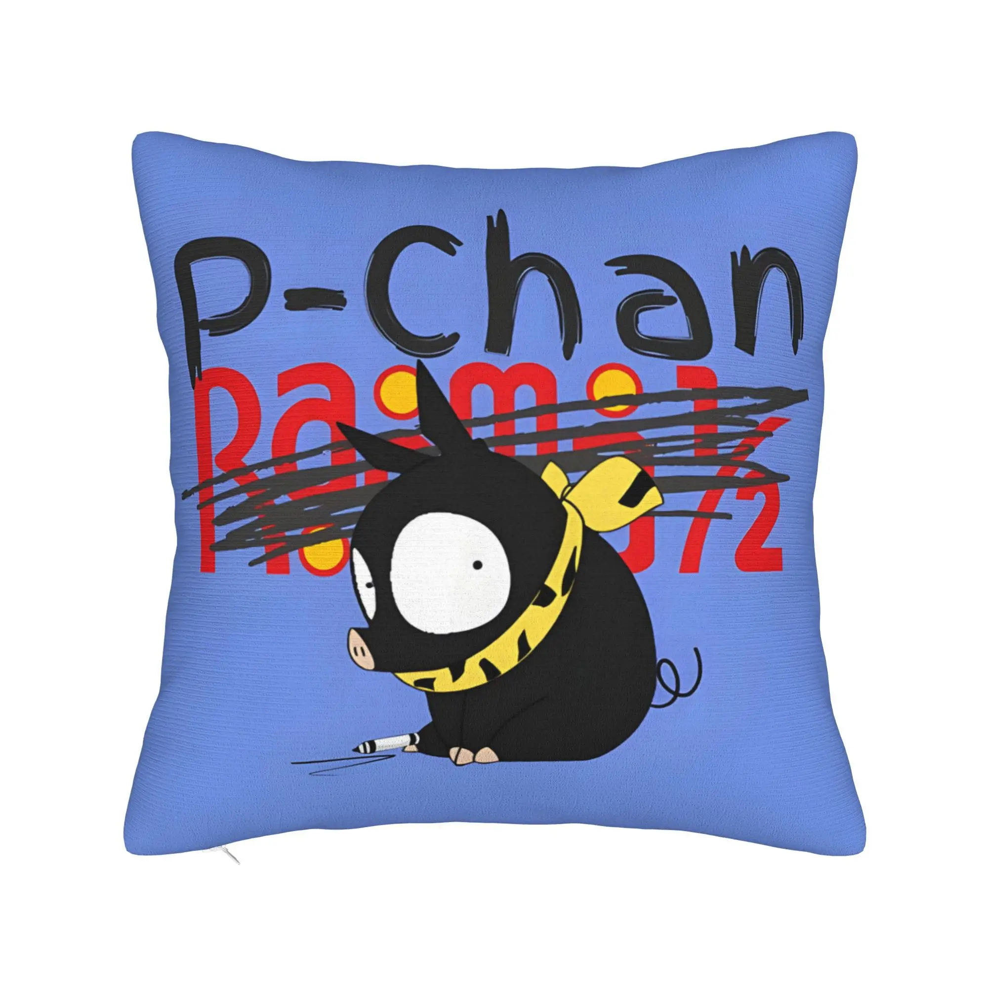 Pillow Cover P-Chan Character Art Black Pig with Yellow Scarf on Sky Blue Ribbed Polyester Zipper Machine Washable Anime Decor