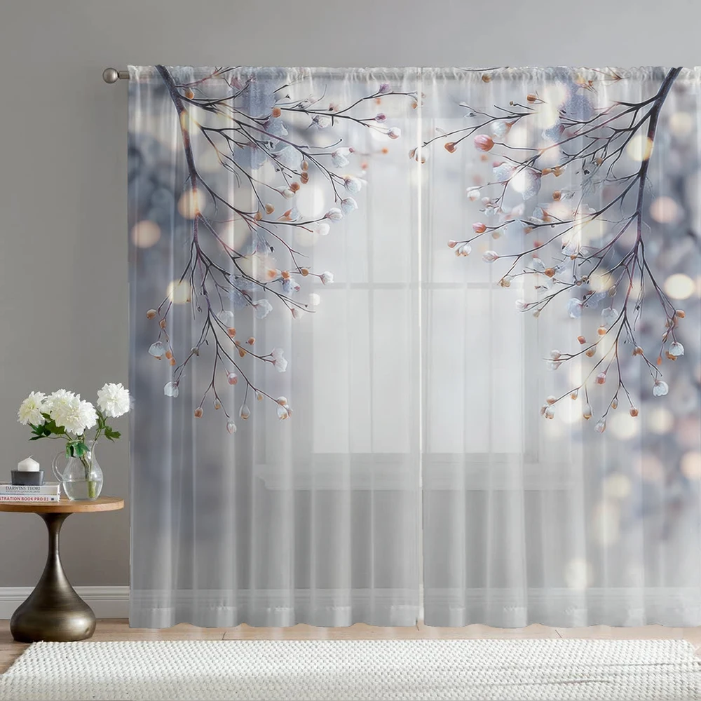 2Pcs Dreamy White Flower Bud Branch Print Home Decoration Window Screens Suitable For Coffee Shops, Restaurants, Bedrooms