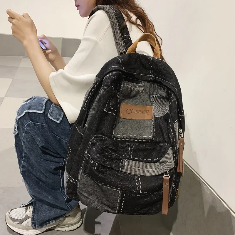 Trendy Cool Patch Women Backpack Washed Denim College Backpacks Men Female Laptop School Bags Large Capacity Travel Shoulder Bag