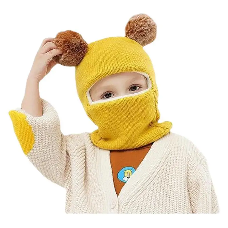 Breathable Warm Hats Two Ball Ear Protection Caps Autumn and Winter Baby Knitted Hat Windproof Head Full Face Neck Cover