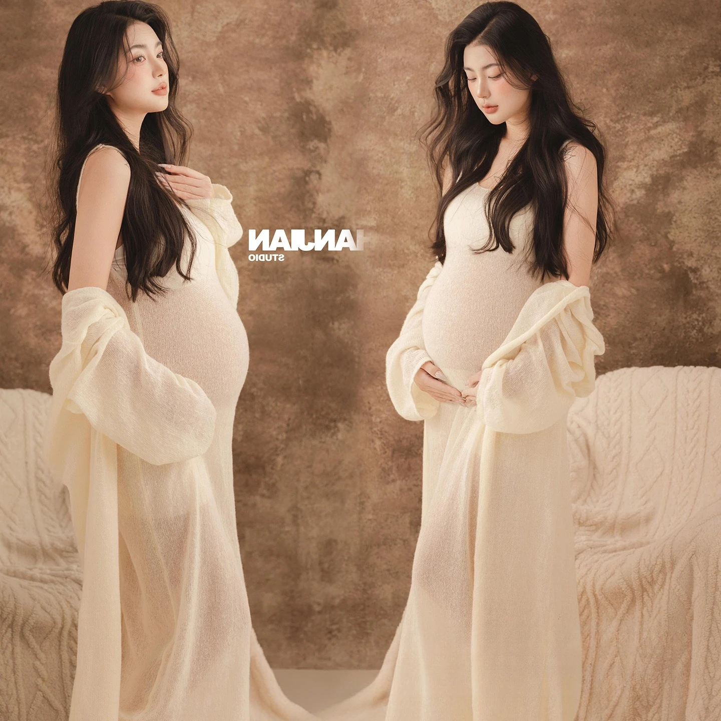 Women Maternity Photoshoot Clothing White Knitted Long Dress with Cardigans 2pcs Set for Studio Pregancy Studio Photography