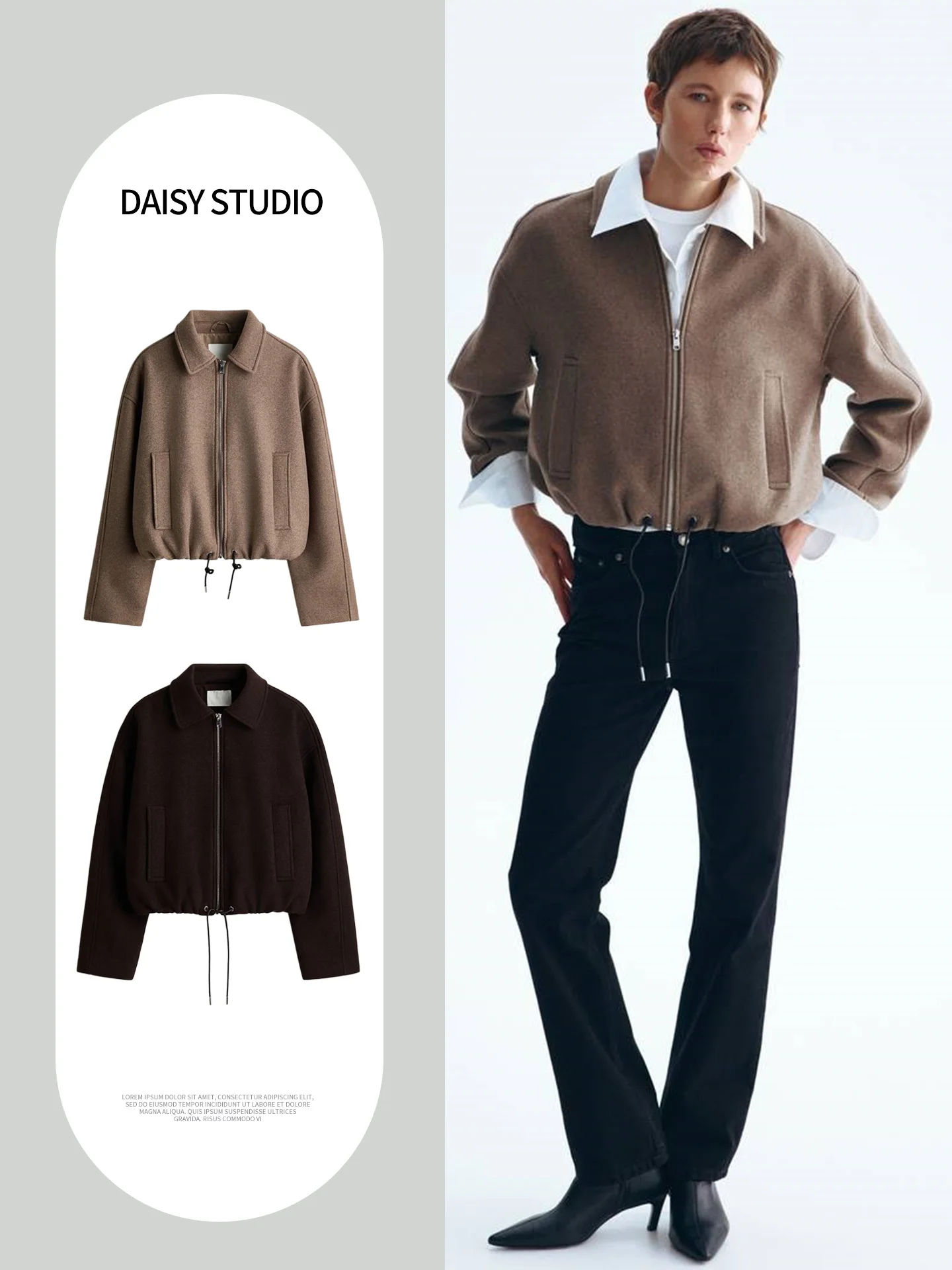 Short Shoulder Drop Long Sleeve Turn-down Collar Slim Drawstring Zipper Style Women's Outerwear Autumn New Arrival 1327572