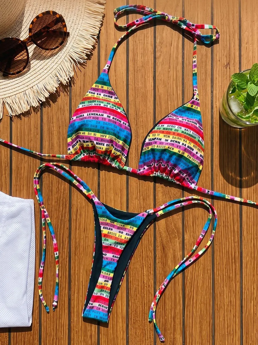 

2026 Letters Print Colorful Micro Mini Thong Bikini Women Swimwear Female Swimsuit Two-pieces Bikini Set Bathing Suit Swim Lady