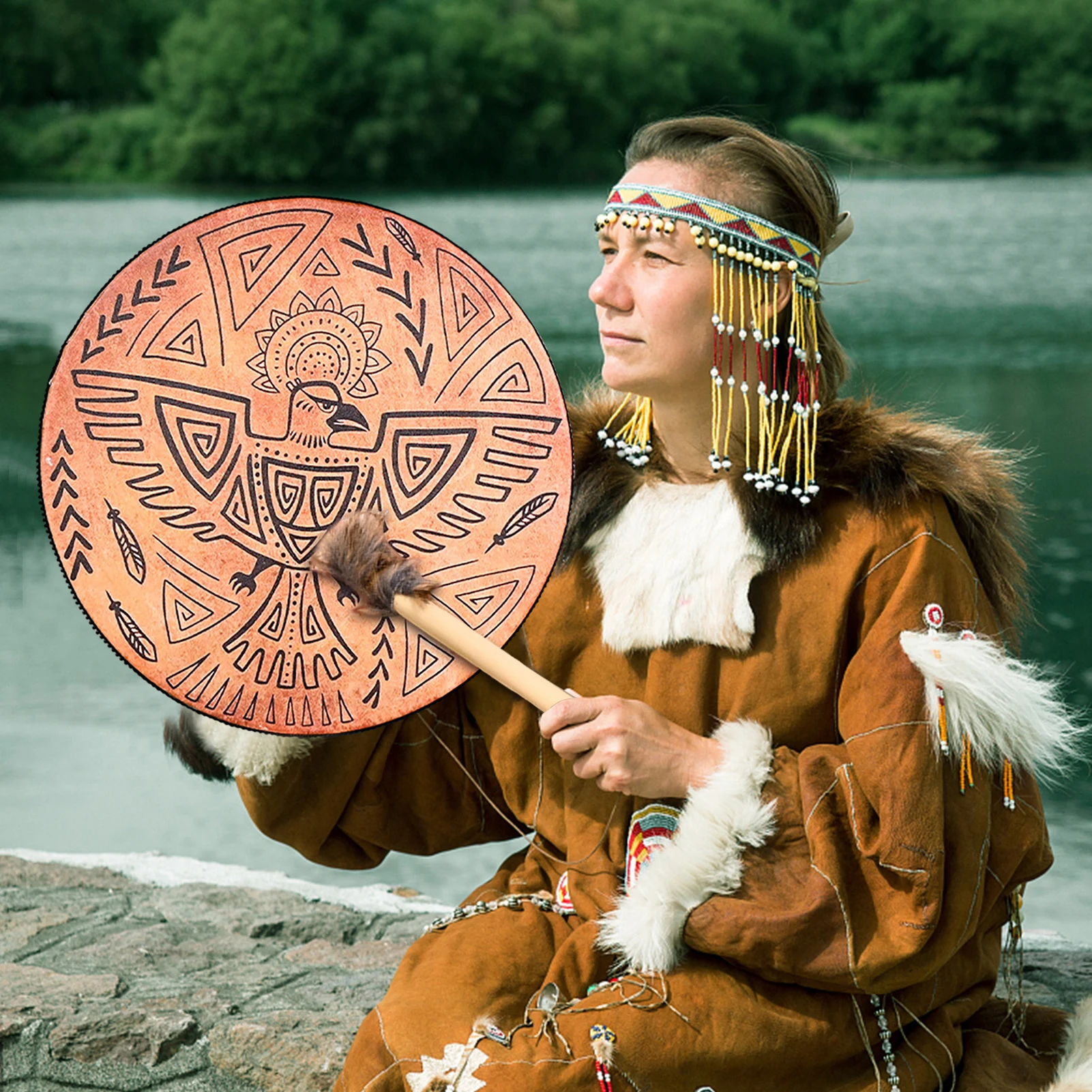 Hand Drum Musical Instruments Shamanic Drum With Mallet 3D Tree Shape Shaman Drum Hollow Back Sound Of Music Decoration Full Of