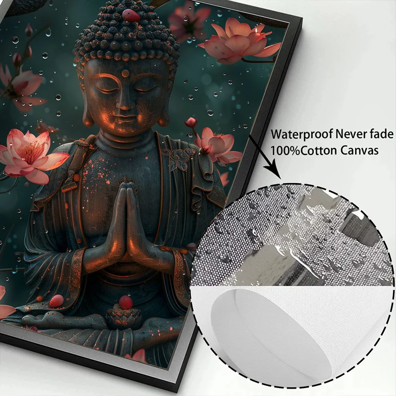 Religious Buddha with Lotus Flowers Wall Art Canvas Painting Buddhism Buddha Sculpture Poster Prints for Living Room Home Decor