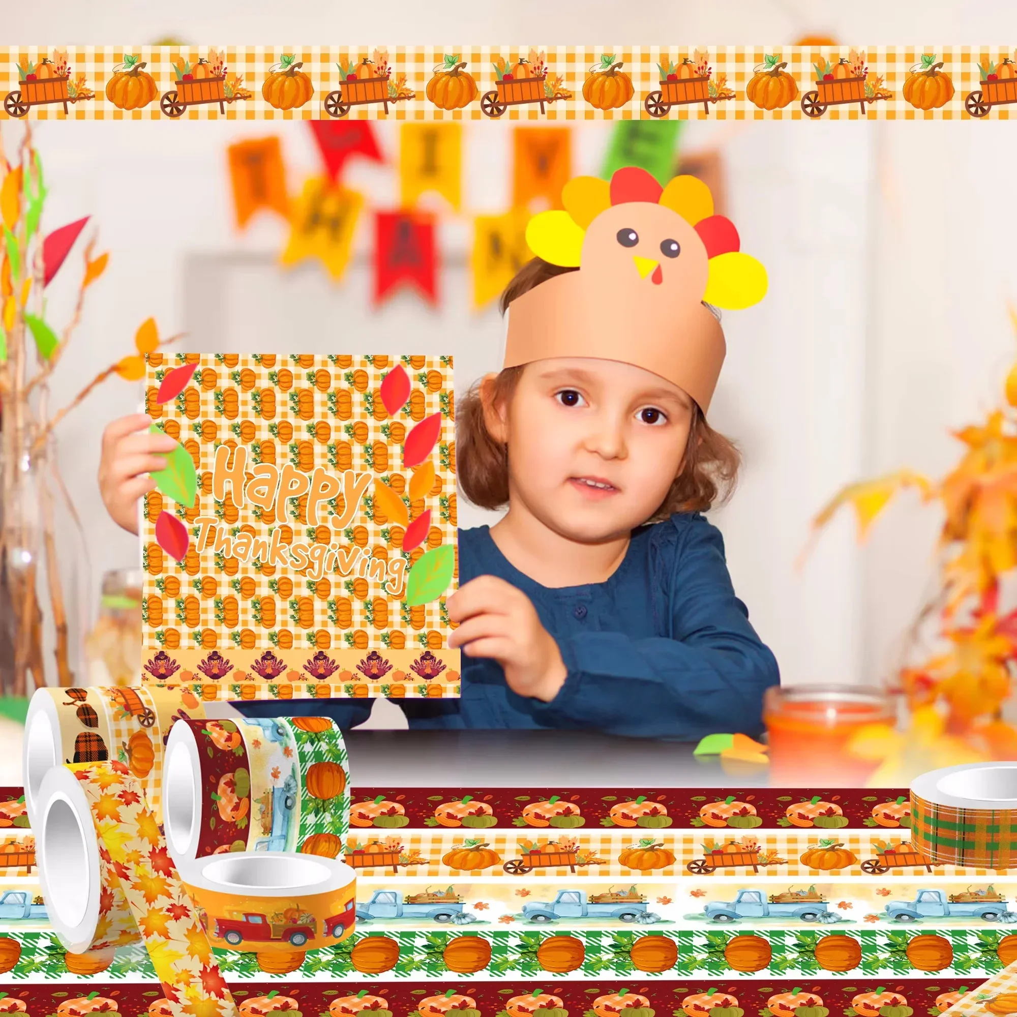 12 Rolls Fall Thanksgiving Washi Tape Set, Pumpkin Turkey Maple Leaf Truck Plaid Masking Tape, Autumn Harvest Journal Supplies
