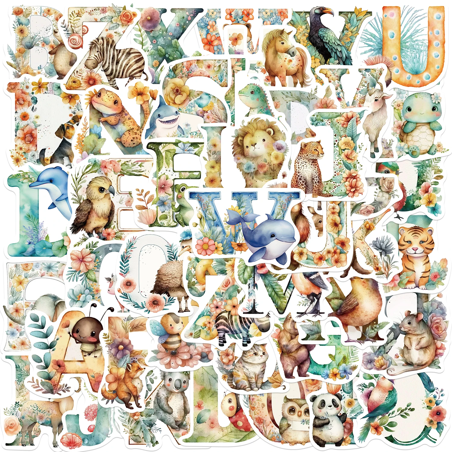 52pcs Cute Cartoon Animals Alphabet Stickers Waterproof Graffiti Vinyl Decals For Laptop Water Bottle Luggage Notebook
