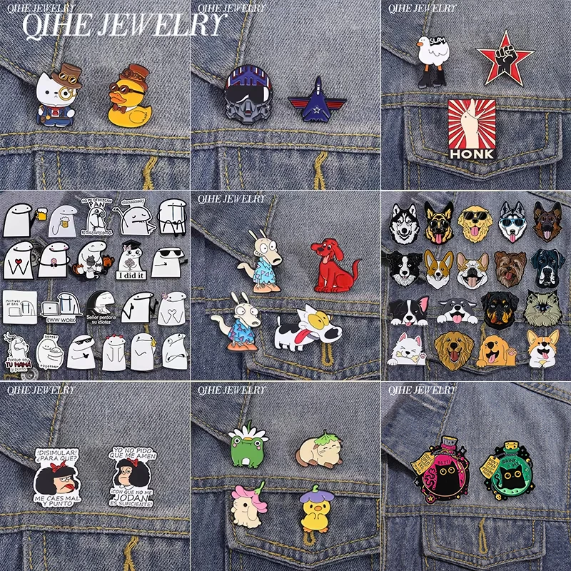 2-21Pcs Set Comedy Anime Animal Enamel Pins Magic Witch Black Cat Elf Golden Retriever Husky Dog Brooches Lapel Jewelry Badge
