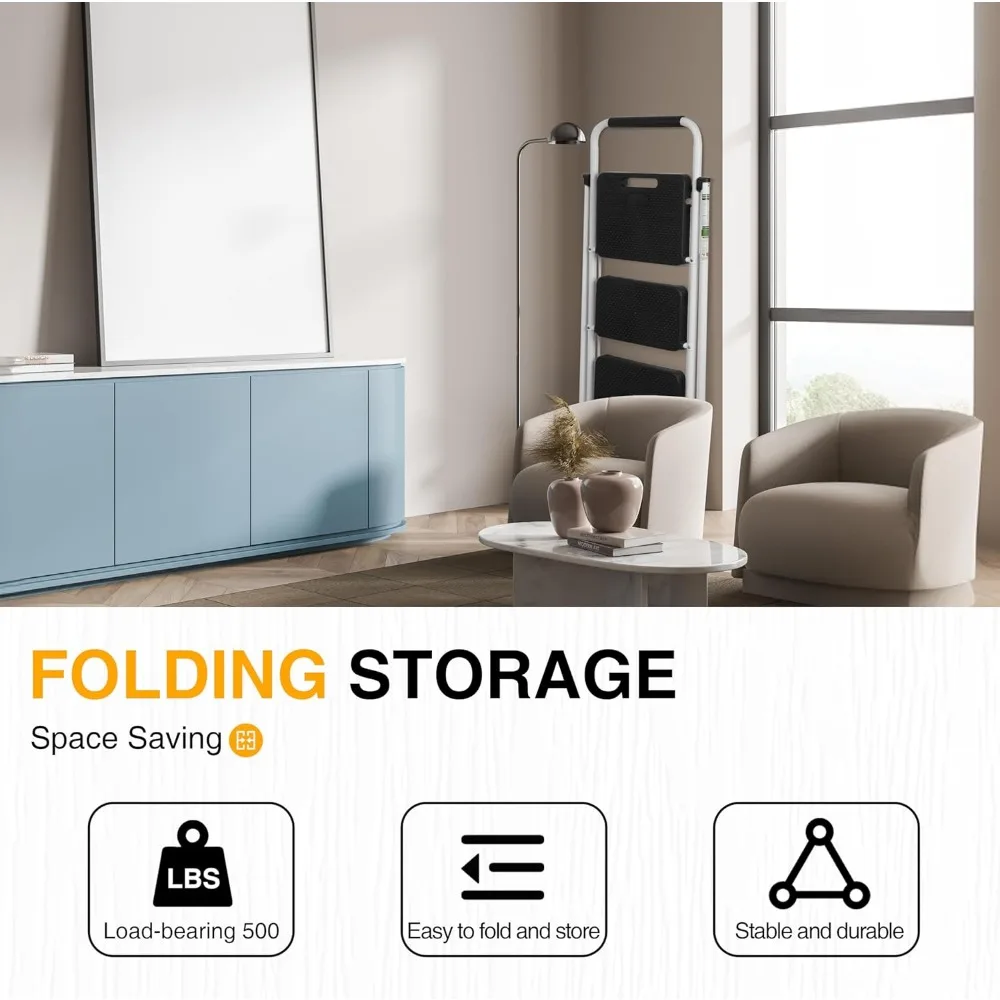 Escalera plegable de acero portátil, pedales antideslizantes anchos, capacidad de 500 libras, empuñadura conveniente, taburete resistente de 3 escalones para el hogar y el apagado