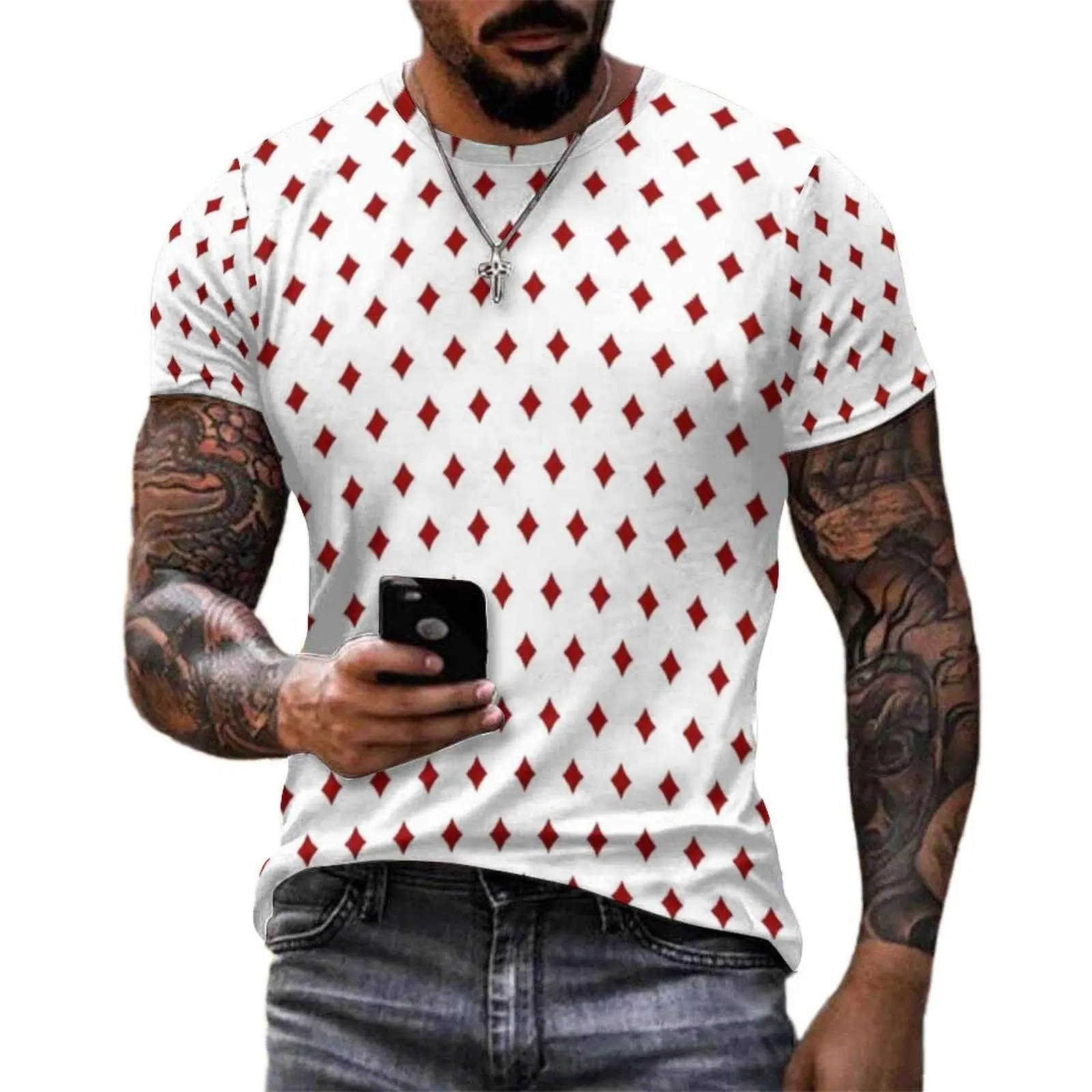Red Playing Poker T-Shirt For Men Diamonds Card Suits O Neck T Shirts Summer Hippie Clothes Short-Sleeved Awesome Tee Shirt Gift