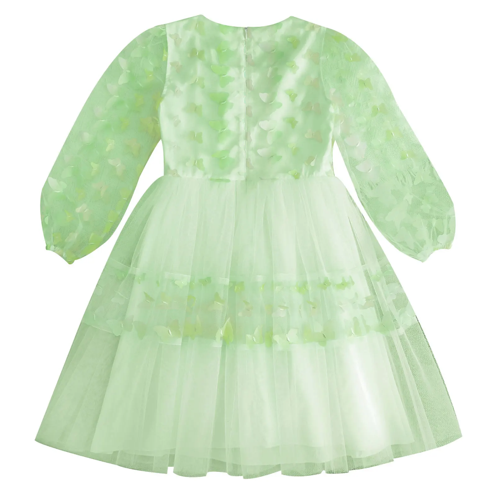 Kids Girls Tulle Party Dresses Square Neck Long Puff Sleeves Butterfly A-Line Dress for Wedding Birthday Holiday