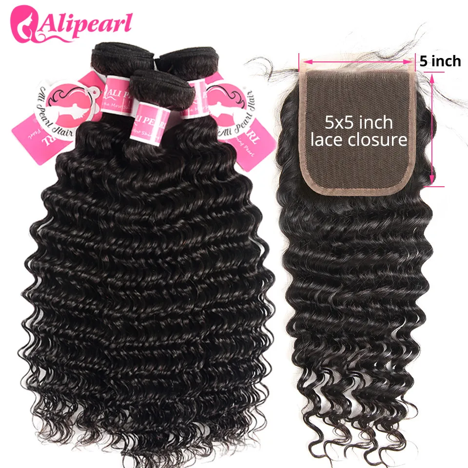 AliPearl Hair Deep Wave Bundles With 5x5 Lace Closure Human Hair 3 Bundles With Closure Free Part Remy Hair Extension